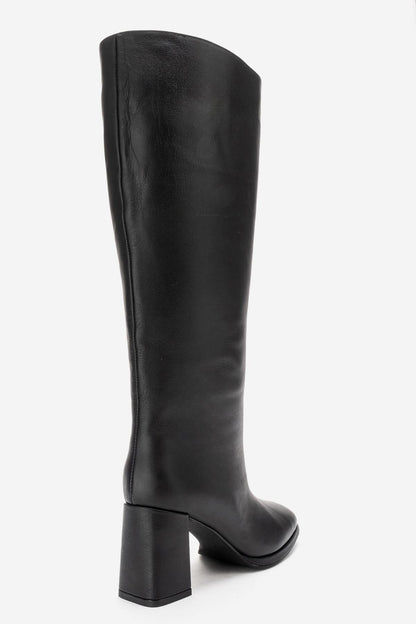 JAVEN - Bota de tacón de bloque de cuero genuino negro (Mujer)