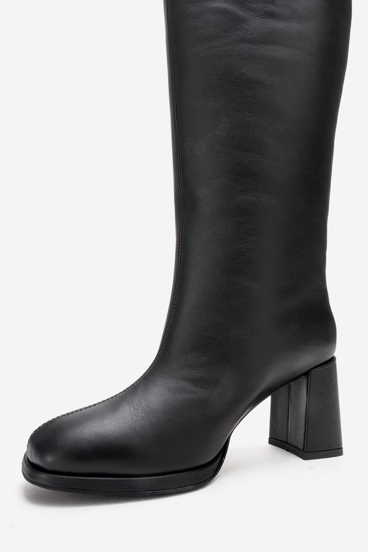JAVEN - Bota de tacón de bloque de cuero genuino negro (Mujer)