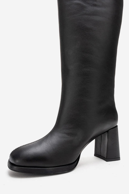 JAVEN - Bota de tacón de bloque de cuero genuino negro (Mujer)