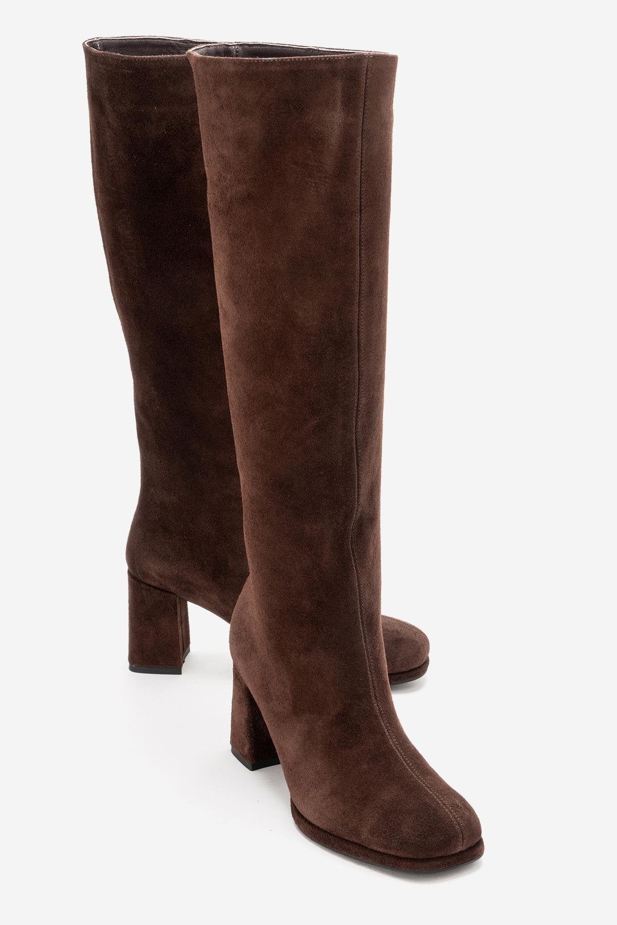 JAVEN - Bota de tacón cuadrado de cuero genuino marrón (Mujer)