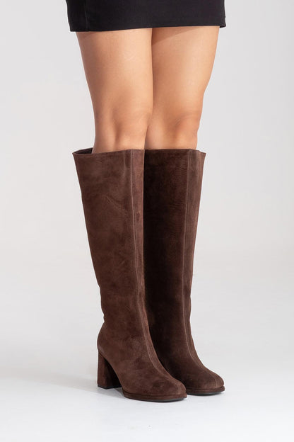 JAVEN - Bota de tacón cuadrado de cuero genuino marrón (Mujer)