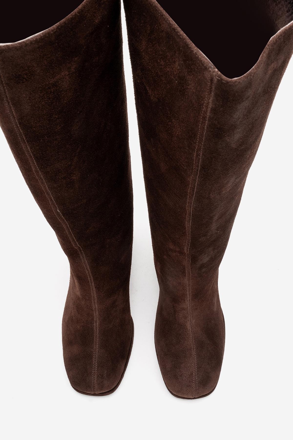 JAVEN - Bota de tacón cuadrado de cuero genuino marrón (Mujer)
