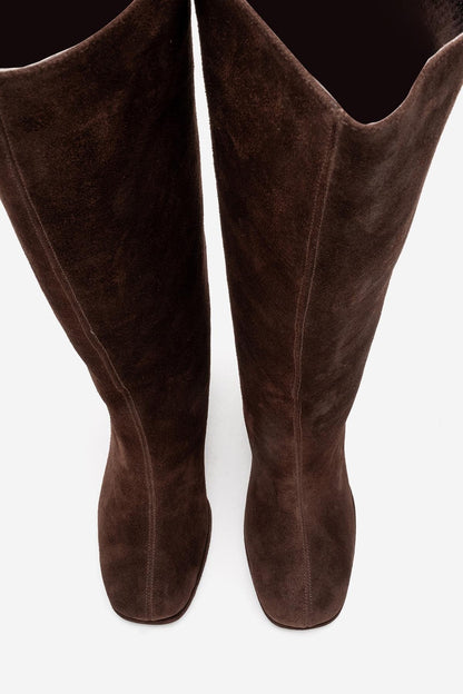 JAVEN - Bota de tacón cuadrado de cuero genuino marrón (Mujer)