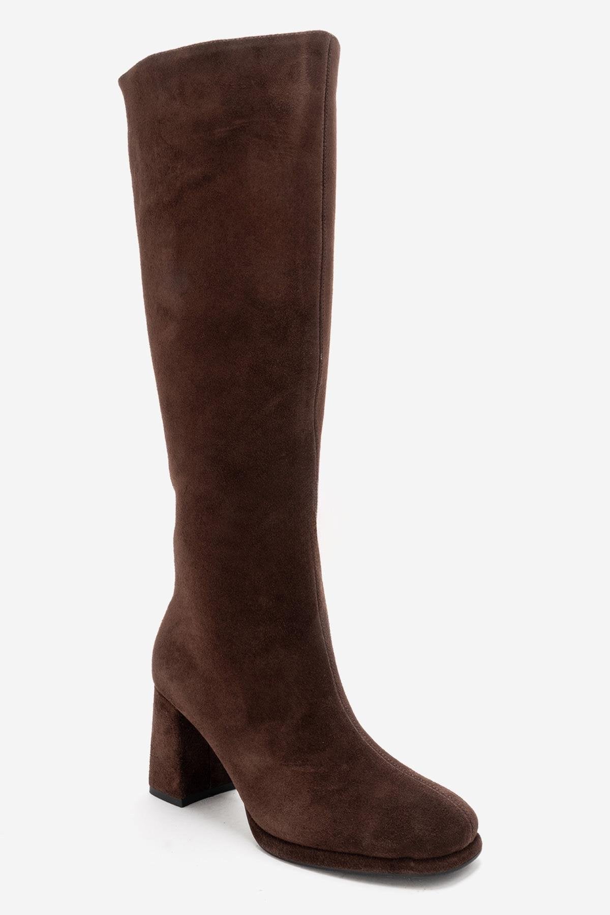 JAVEN - Bota de tacón cuadrado de cuero genuino marrón (Mujer)