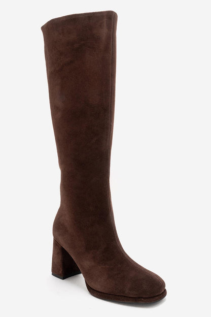 JAVEN - Bota de tacón cuadrado de cuero genuino marrón (Mujer)