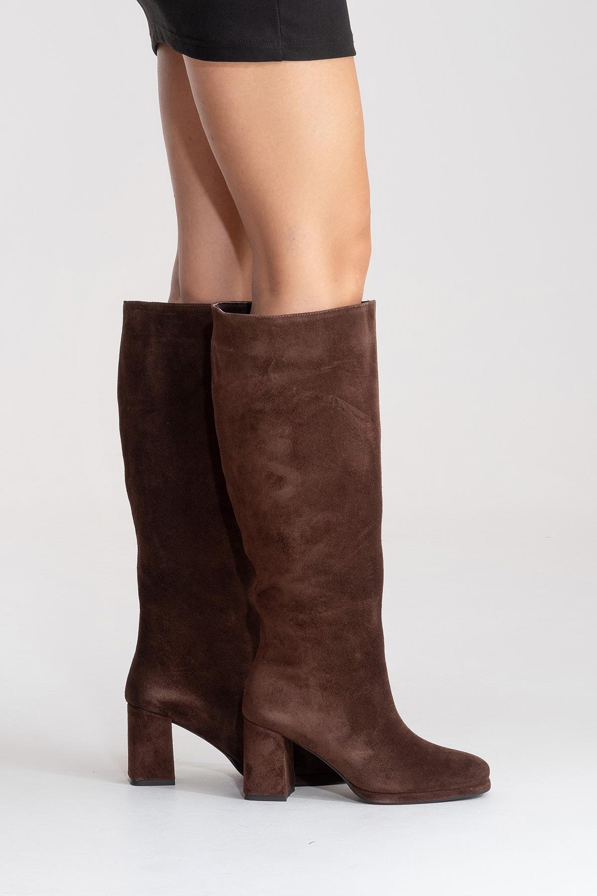 JAVEN - Bota de tacón cuadrado de cuero genuino marrón (Mujer)