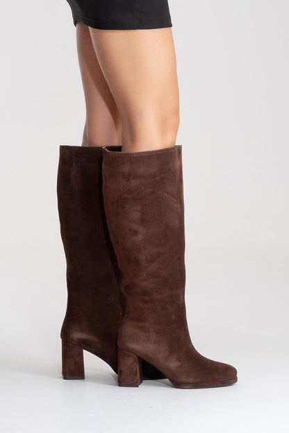 JAVEN - Bota de tacón cuadrado de cuero genuino marrón (Mujer)