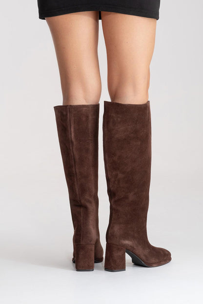 JAVEN - Bota de tacón cuadrado de cuero genuino marrón (Mujer)