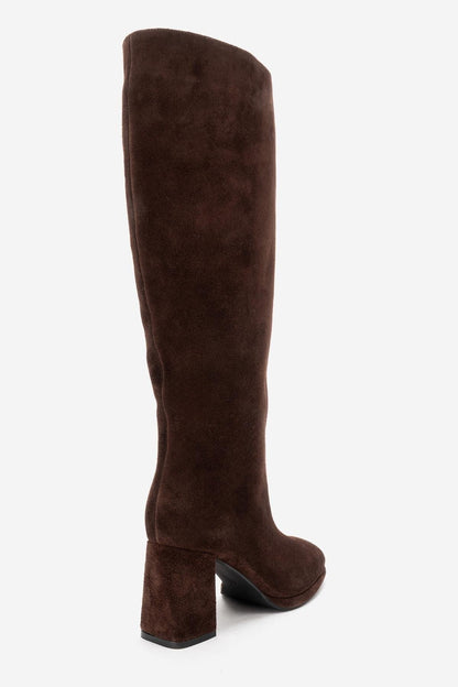 JAVEN - Bota de tacón cuadrado de cuero genuino marrón (Mujer)