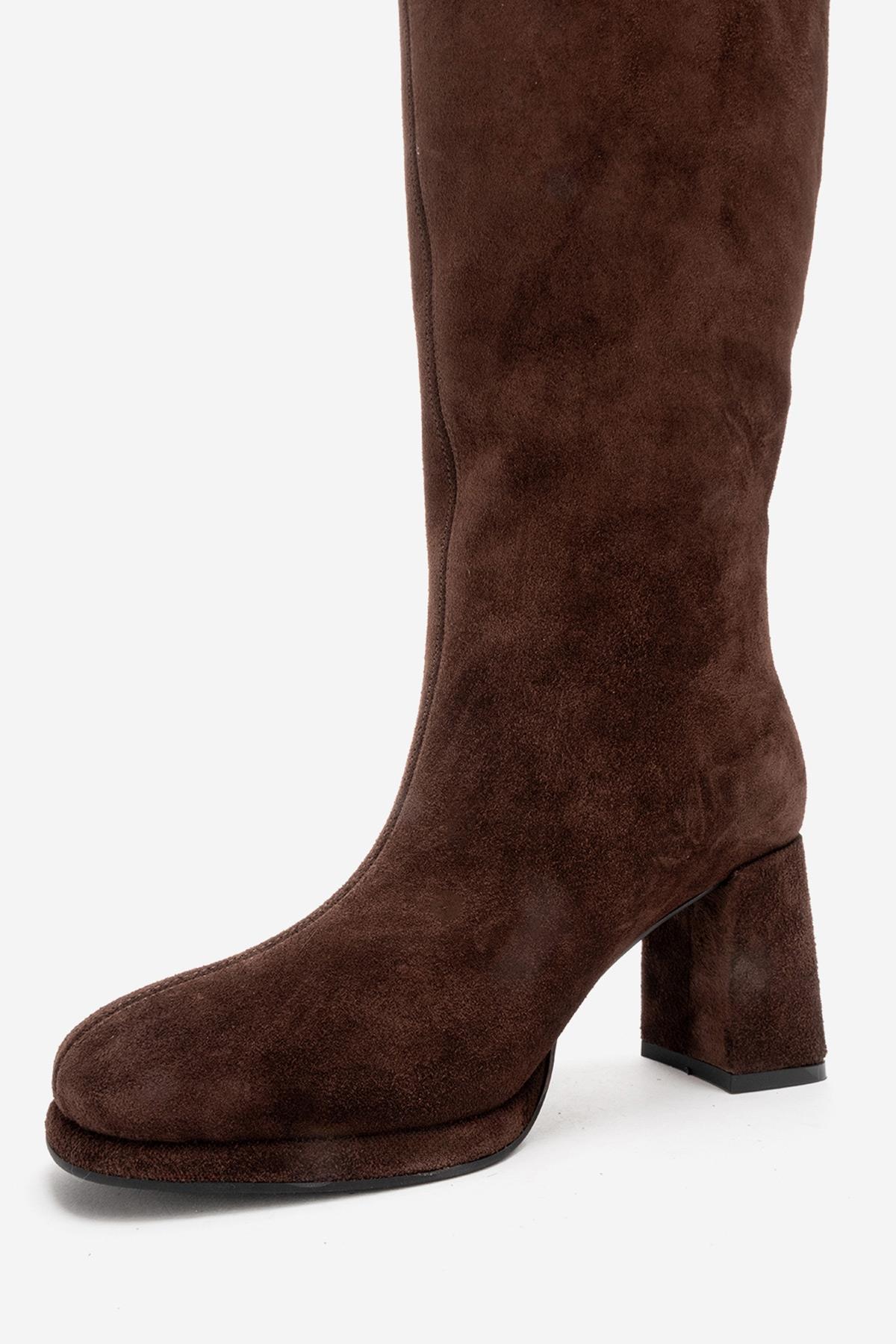 JAVEN - Bota de tacón cuadrado de cuero genuino marrón (Mujer)