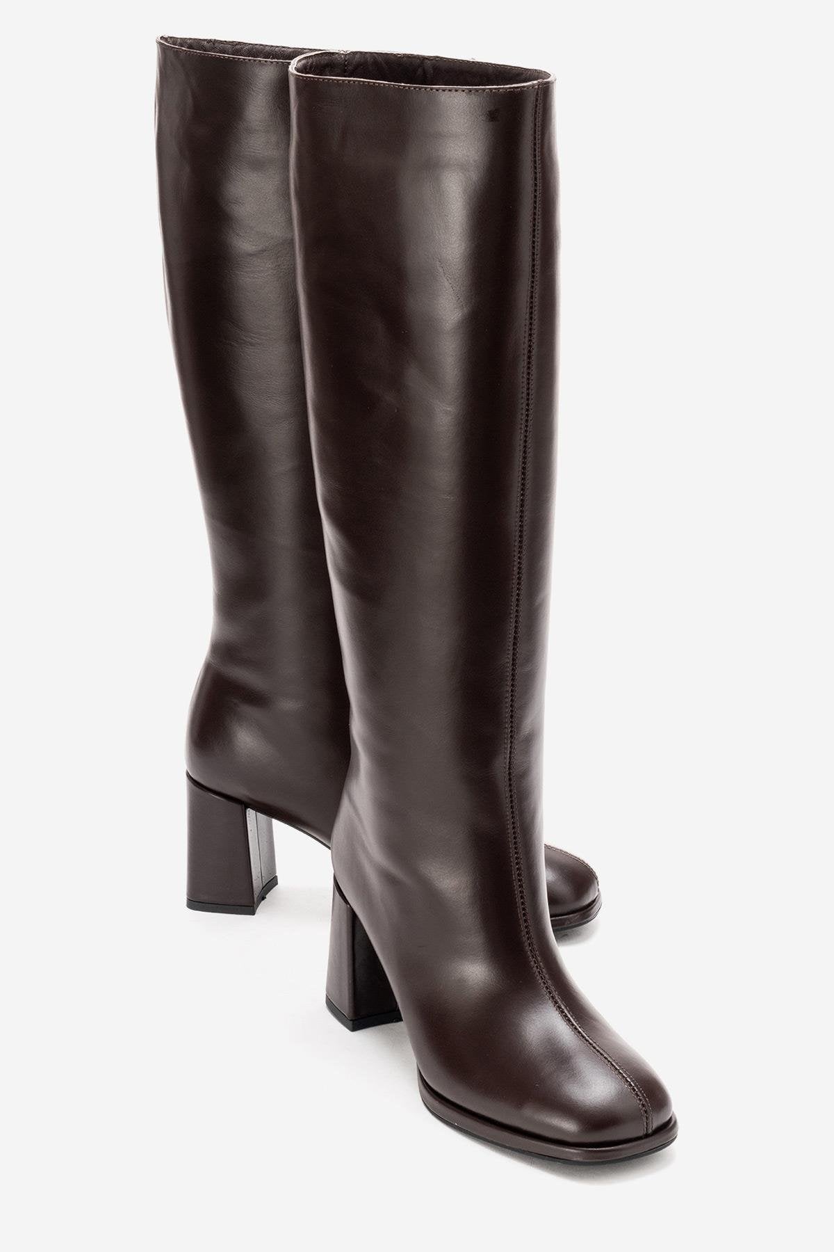 JAVEN - Brown Genuine Leather Block Heel Boot (Women)