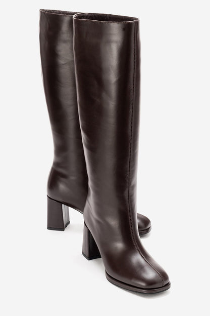 JAVEN - Brown Genuine Leather Block Heel Boot (Women)