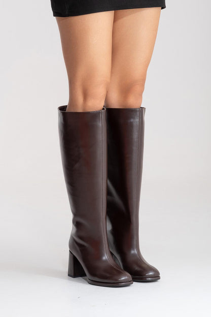 JAVEN - Brown Genuine Leather Block Heel Boot (Women)