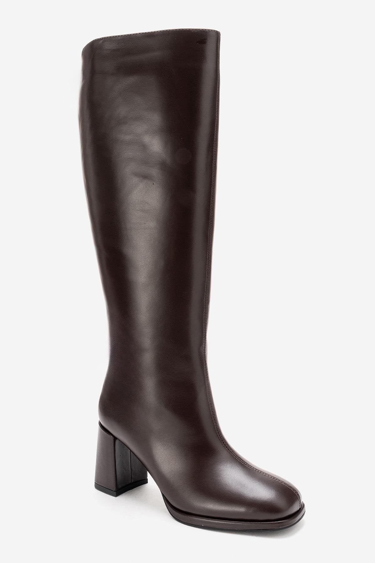 JAVEN - Brown Genuine Leather Block Heel Boot (Women)