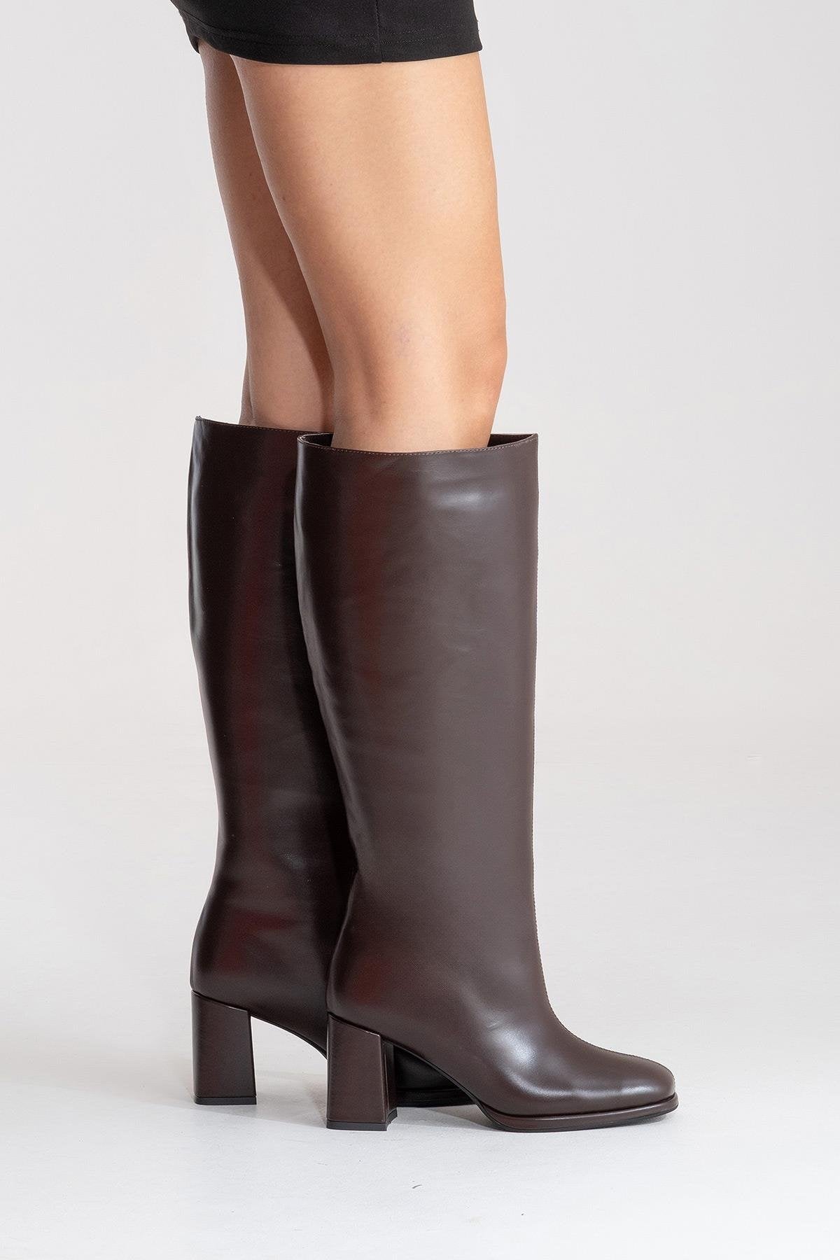 JAVEN - Brown Genuine Leather Block Heel Boot (Women)