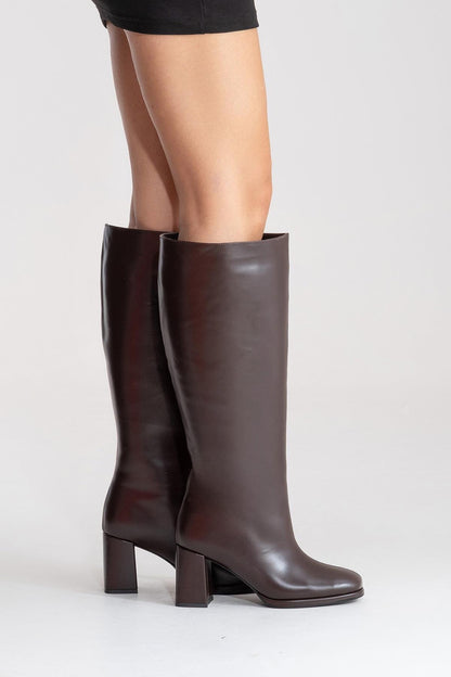 JAVEN - Brown Genuine Leather Block Heel Boot (Women)