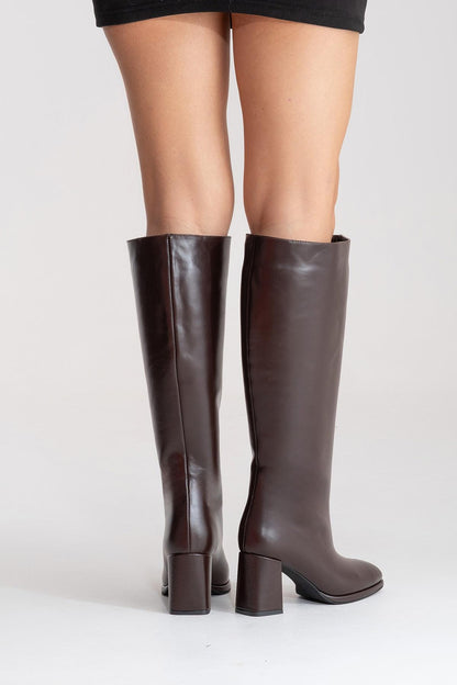 JAVEN - Brown Genuine Leather Block Heel Boot (Women)
