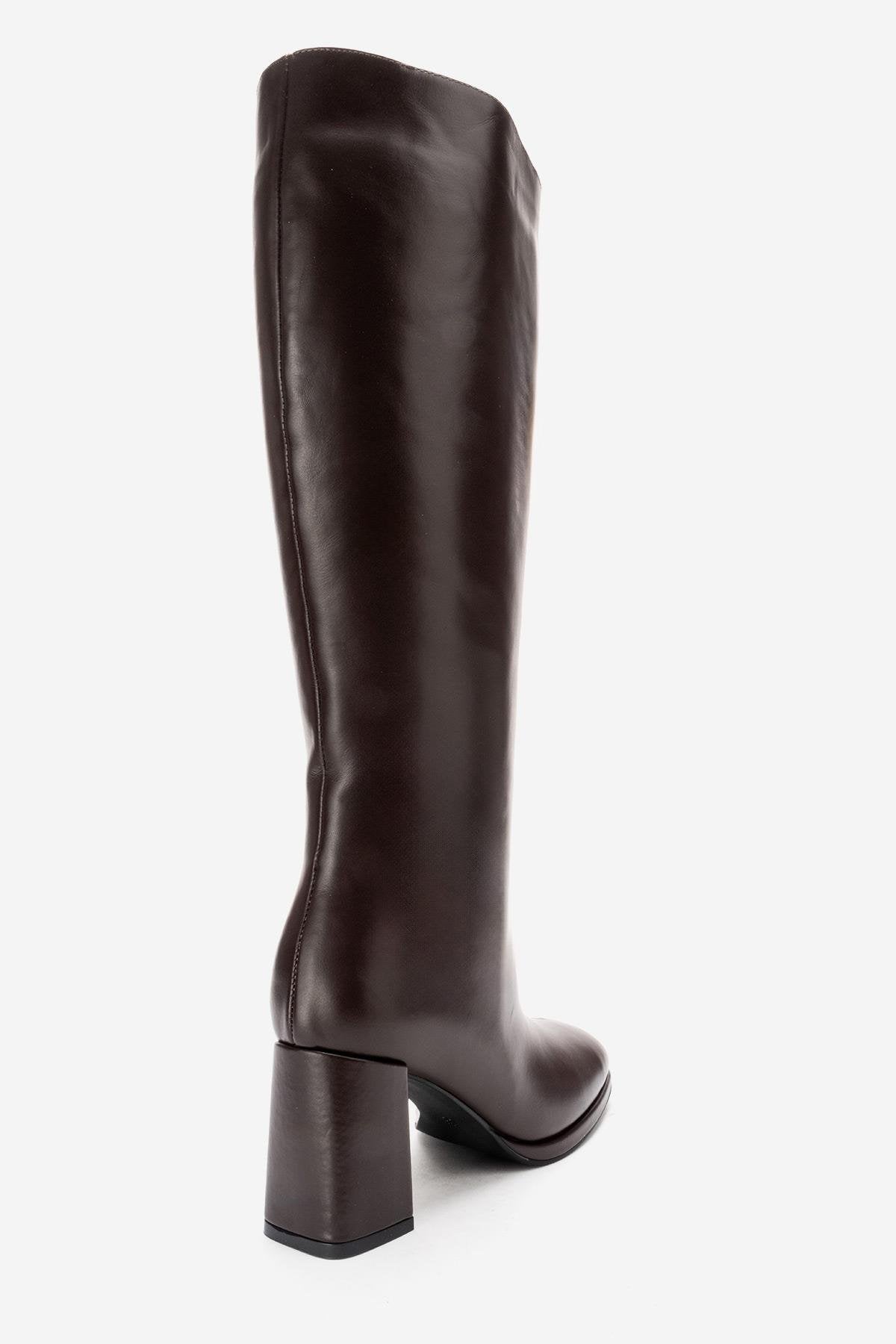 JAVEN - Brown Genuine Leather Block Heel Boot (Women)