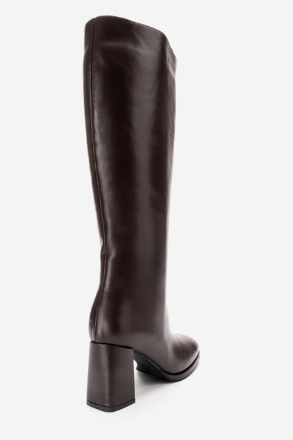 JAVEN - Brown Genuine Leather Block Heel Boot (Women)