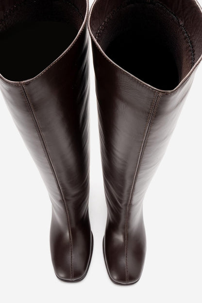 JAVEN - Brown Genuine Leather Block Heel Boot (Women)