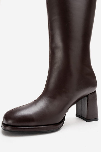 JAVEN - Brown Genuine Leather Block Heel Boot (Women)