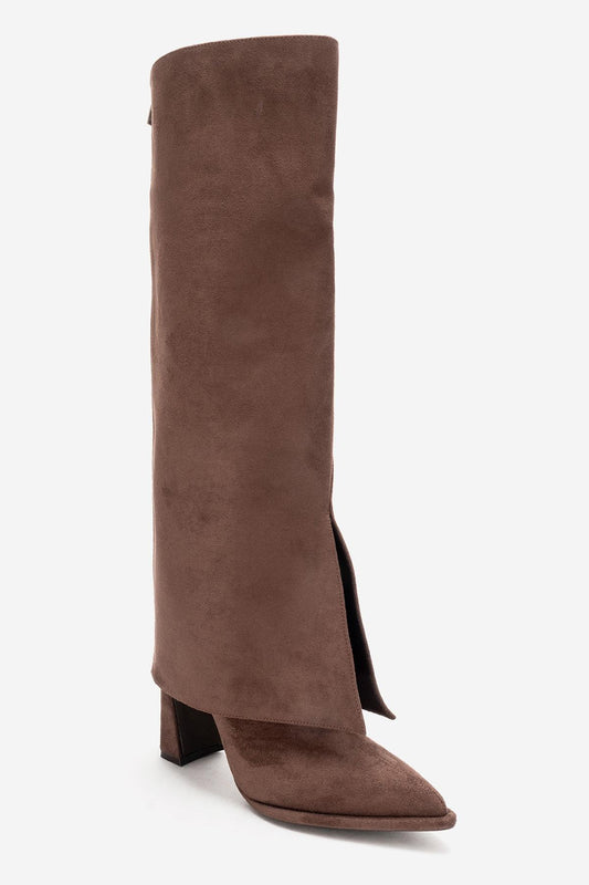 Aja - Brown Suede Block Heel Convertible Knee High Boot (Women)