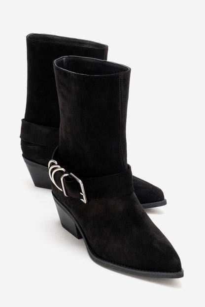 VELMOR - Black Genuine Leather Buckled Western Boot (Women)