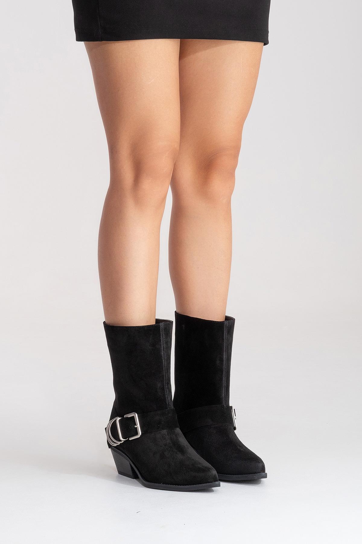 VELMOR - Black Genuine Leather Buckled Western Boot (Women)