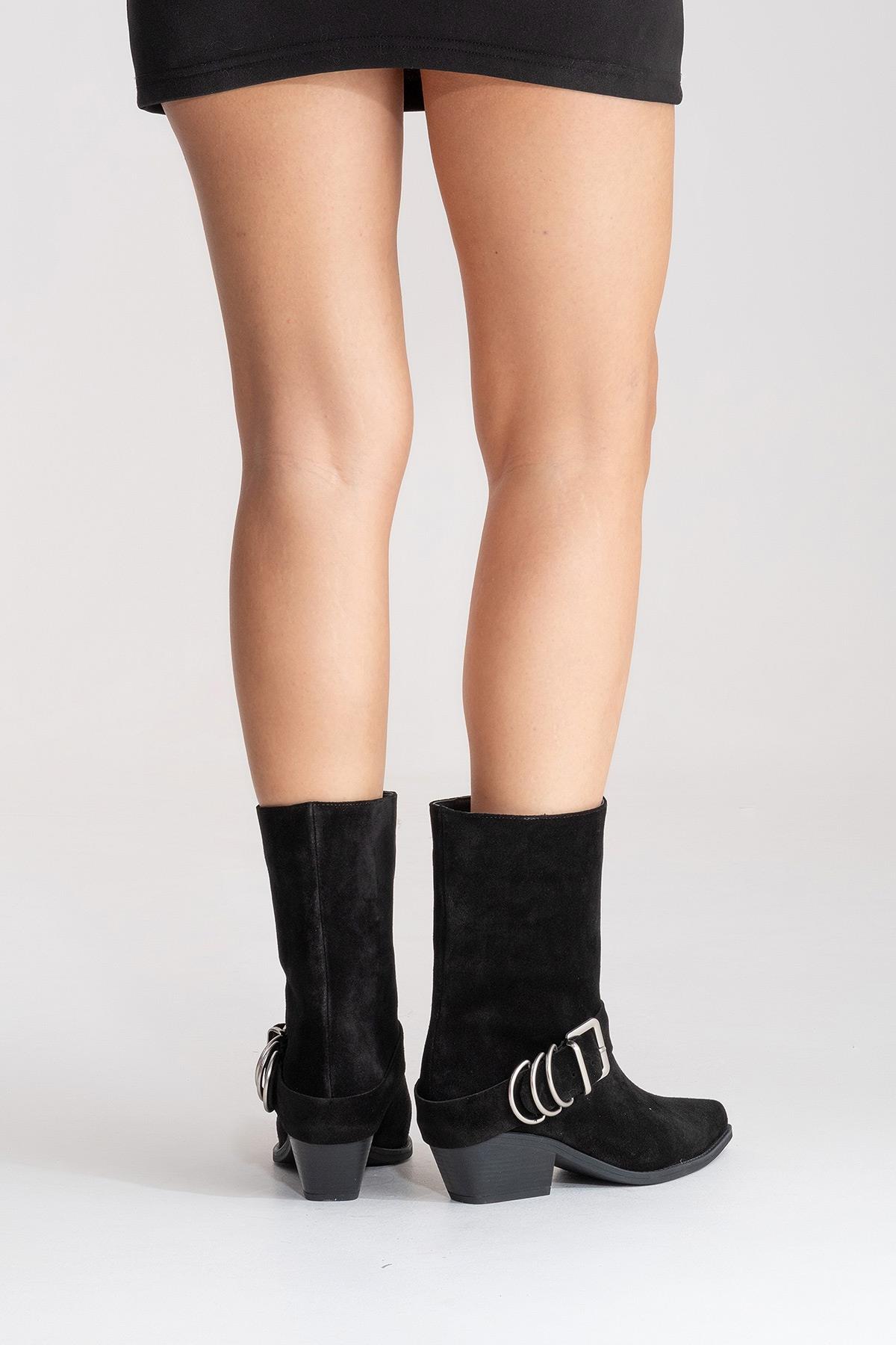 VELMOR - Black Genuine Leather Buckled Western Boot (Women)