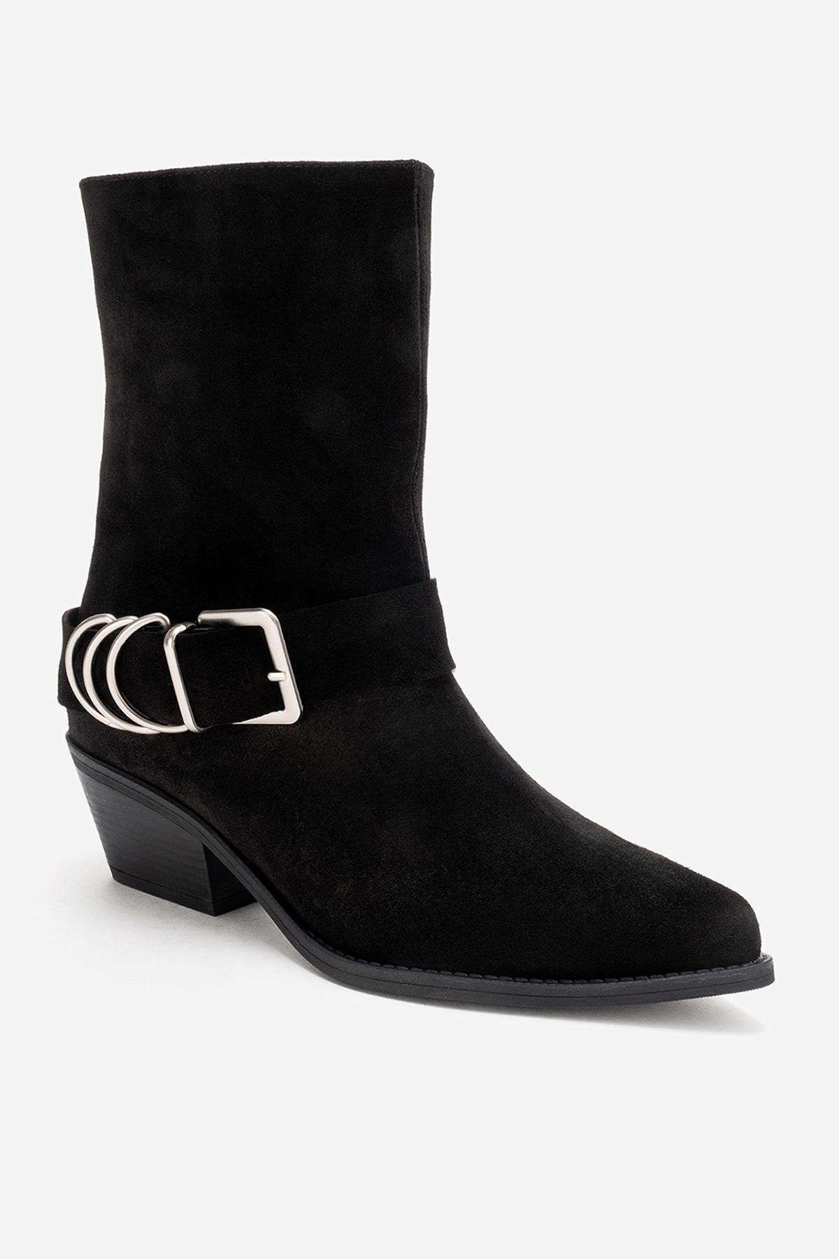 VELMOR - Black Genuine Leather Buckled Western Boot (Women)