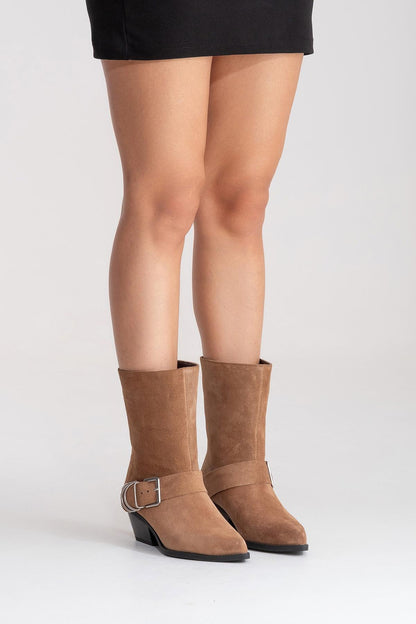 VELMOR - Bota vaquera con hebilla de piel genuina, color Camel (mujer)