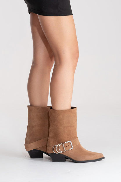 VELMOR - Bota vaquera con hebilla de piel genuina, color Camel (mujer)