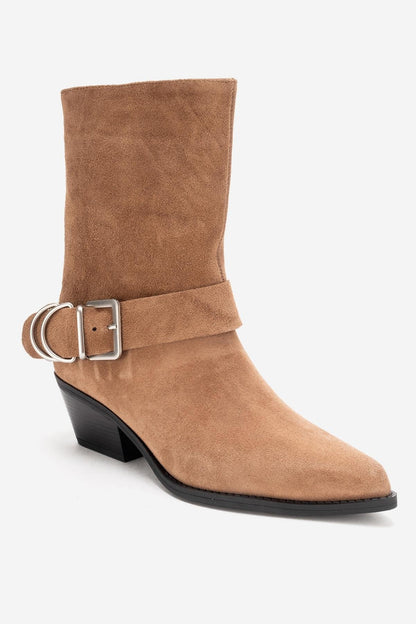 VELMOR - Bota vaquera con hebilla de piel genuina, color Camel (mujer)