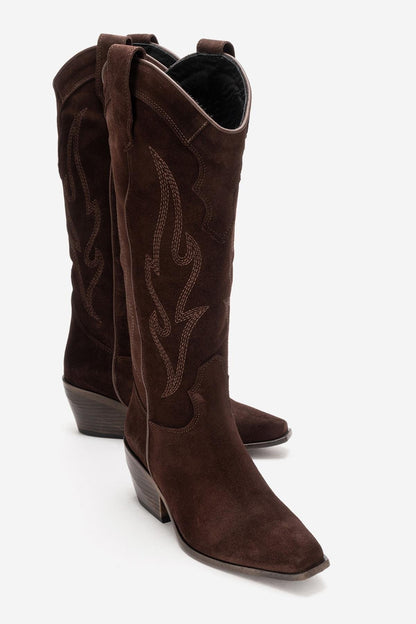 Pietro - Bota alta de cuero de gamuza marrón estilo western (mujer)