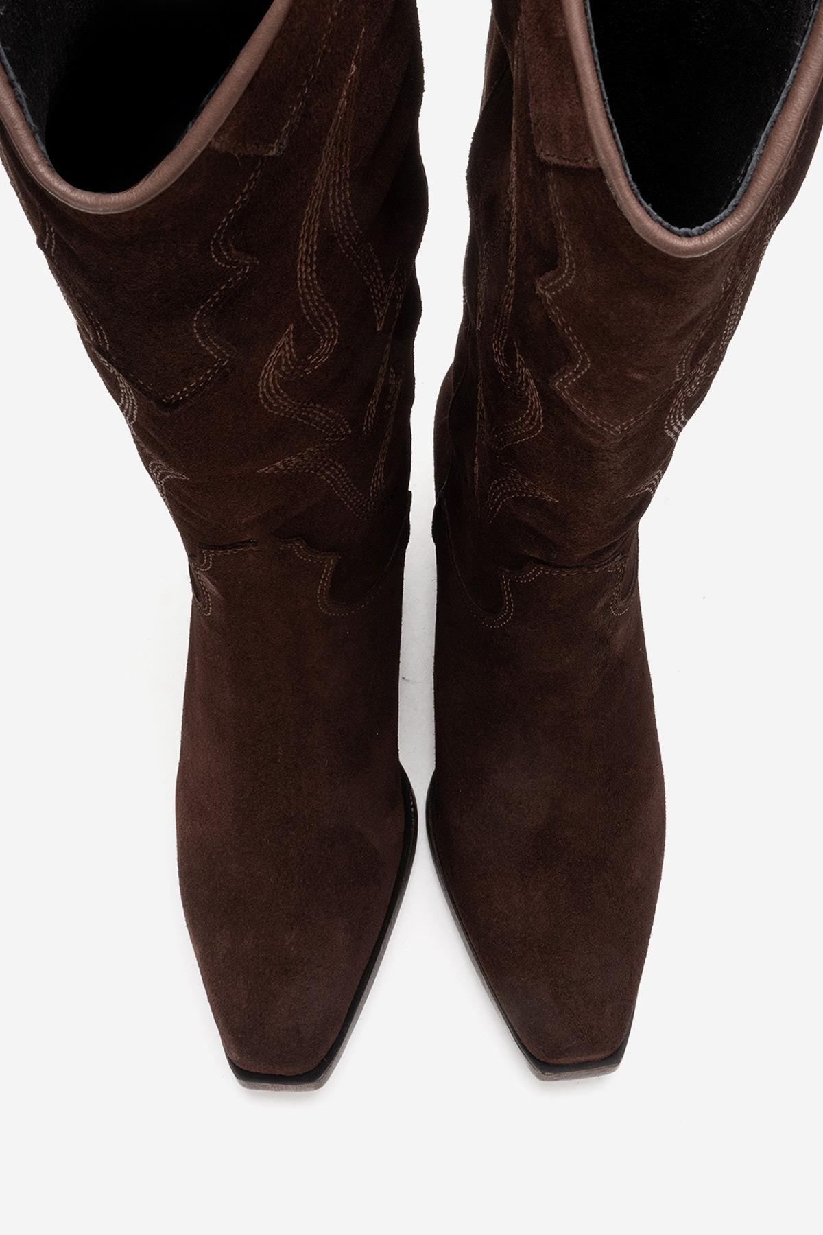 Pietro - Bota alta de cuero de gamuza marrón estilo western (mujer)