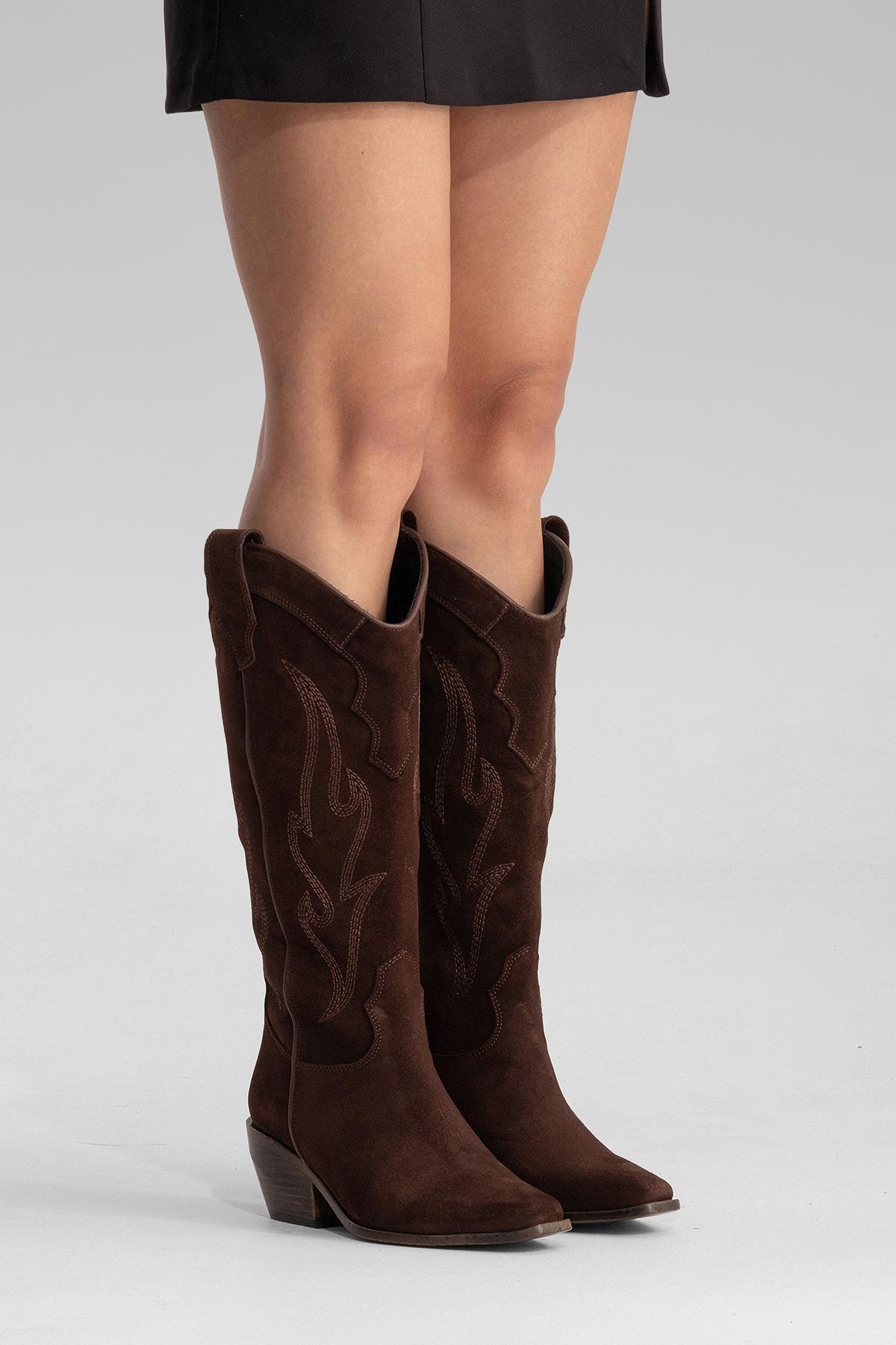Pietro - Bota alta de cuero de gamuza marrón estilo western (mujer)