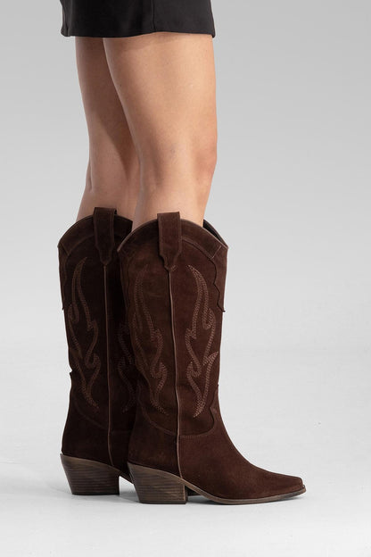 Pietro - Bota alta de cuero de gamuza marrón estilo western (mujer)
