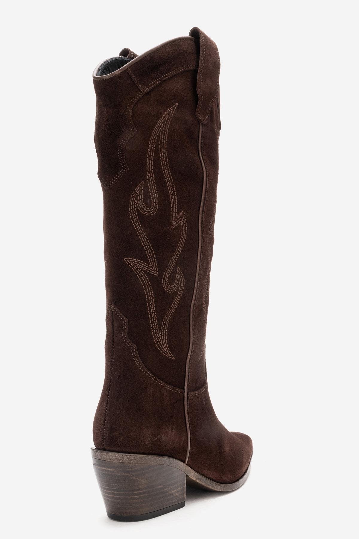 Pietro - Bota alta de cuero de gamuza marrón estilo western (mujer)