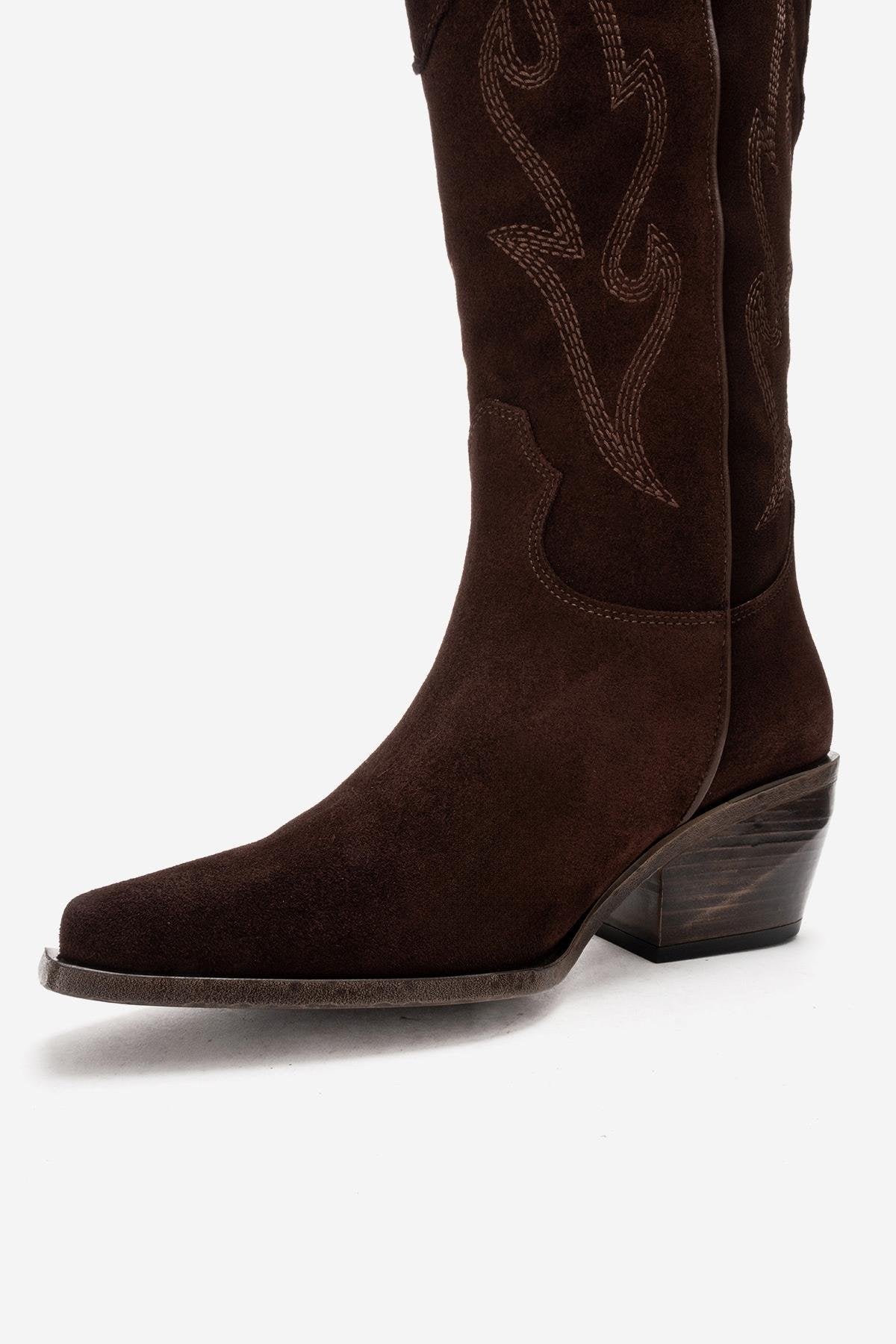 Pietro - Bota alta de cuero de gamuza marrón estilo western (mujer)