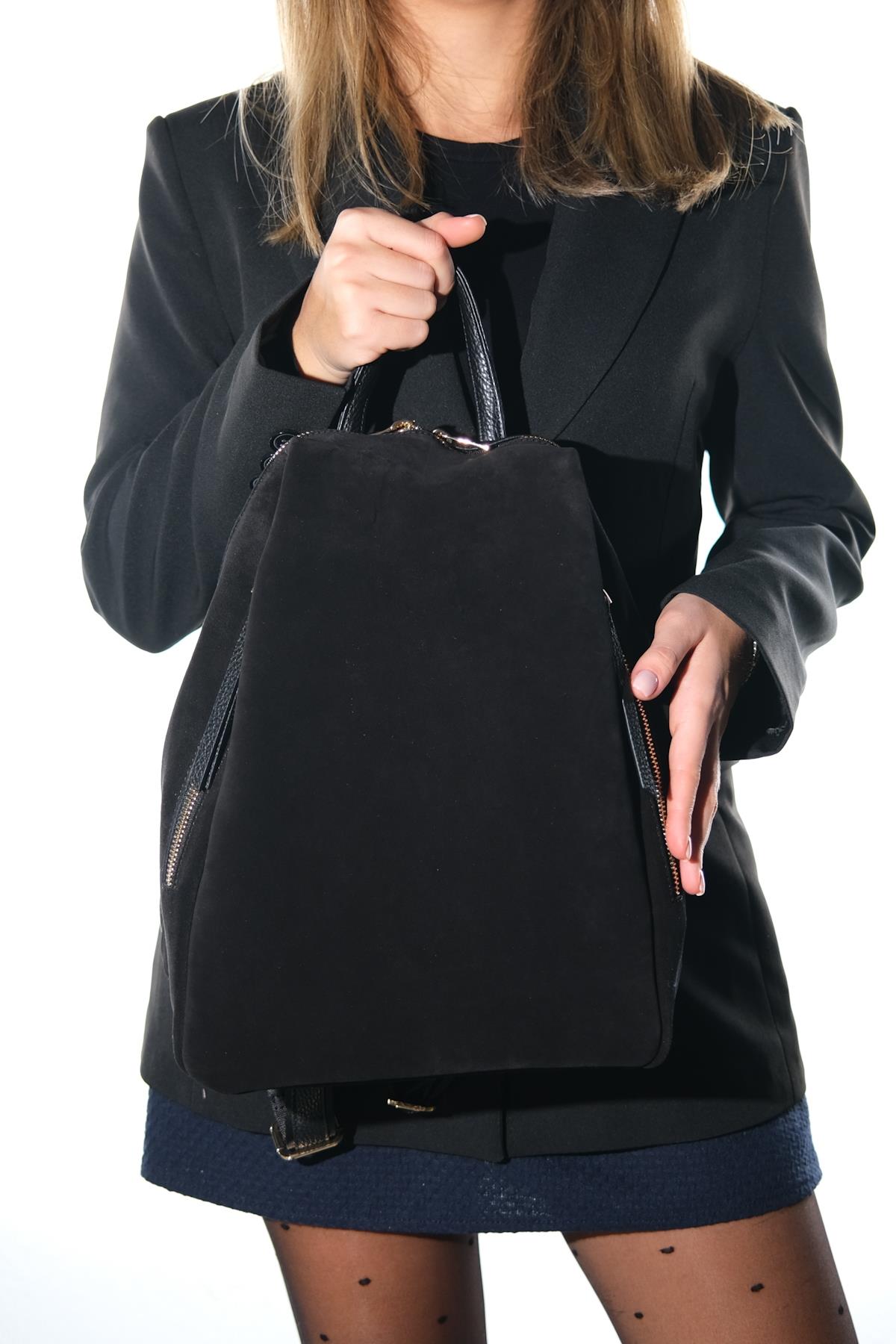 Josh - Mochila de Cuero Ante Negra (Mujer)