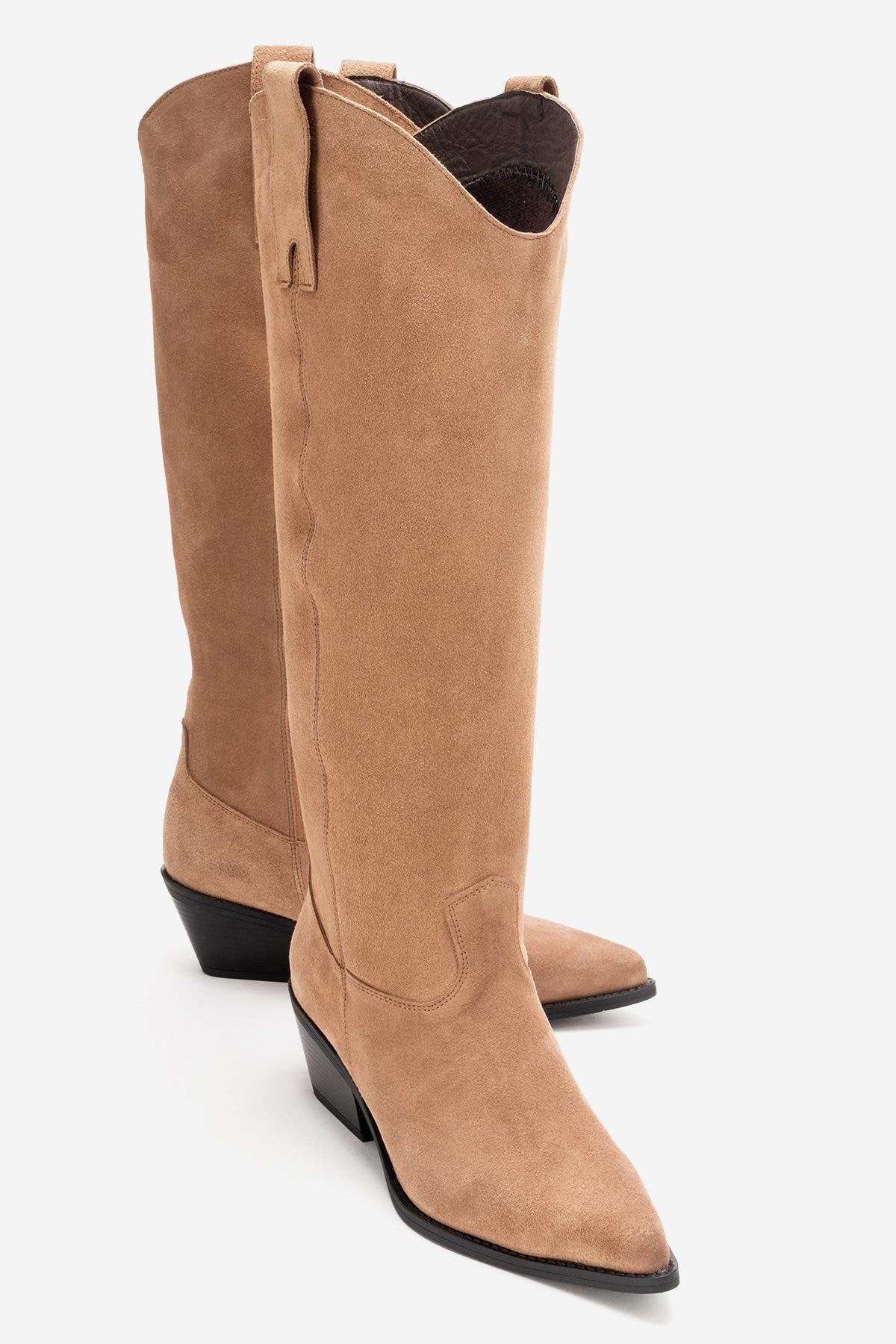 ANIA - Taupe Genuine Suede Leather Block Heel Knee-High Boot (Women)