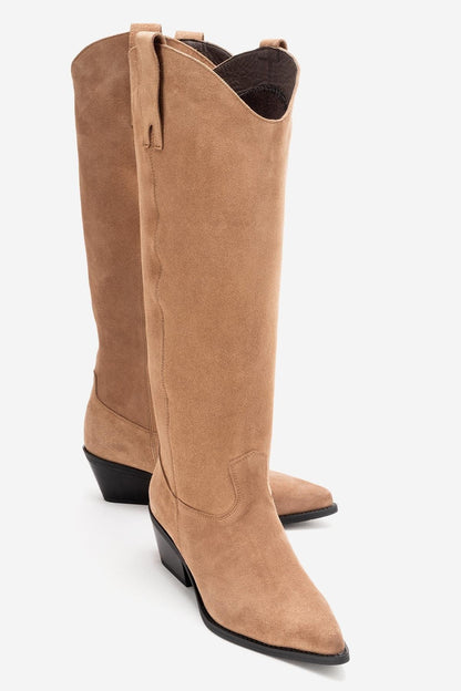 ANIA - Taupe Genuine Suede Leather Block Heel Knee-High Boot (Women)