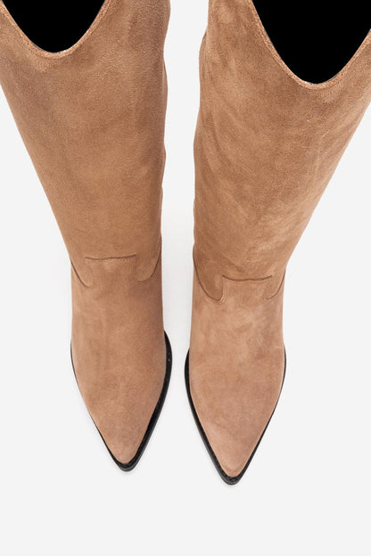 ANIA - Taupe Genuine Suede Leather Block Heel Knee-High Boot (Women)