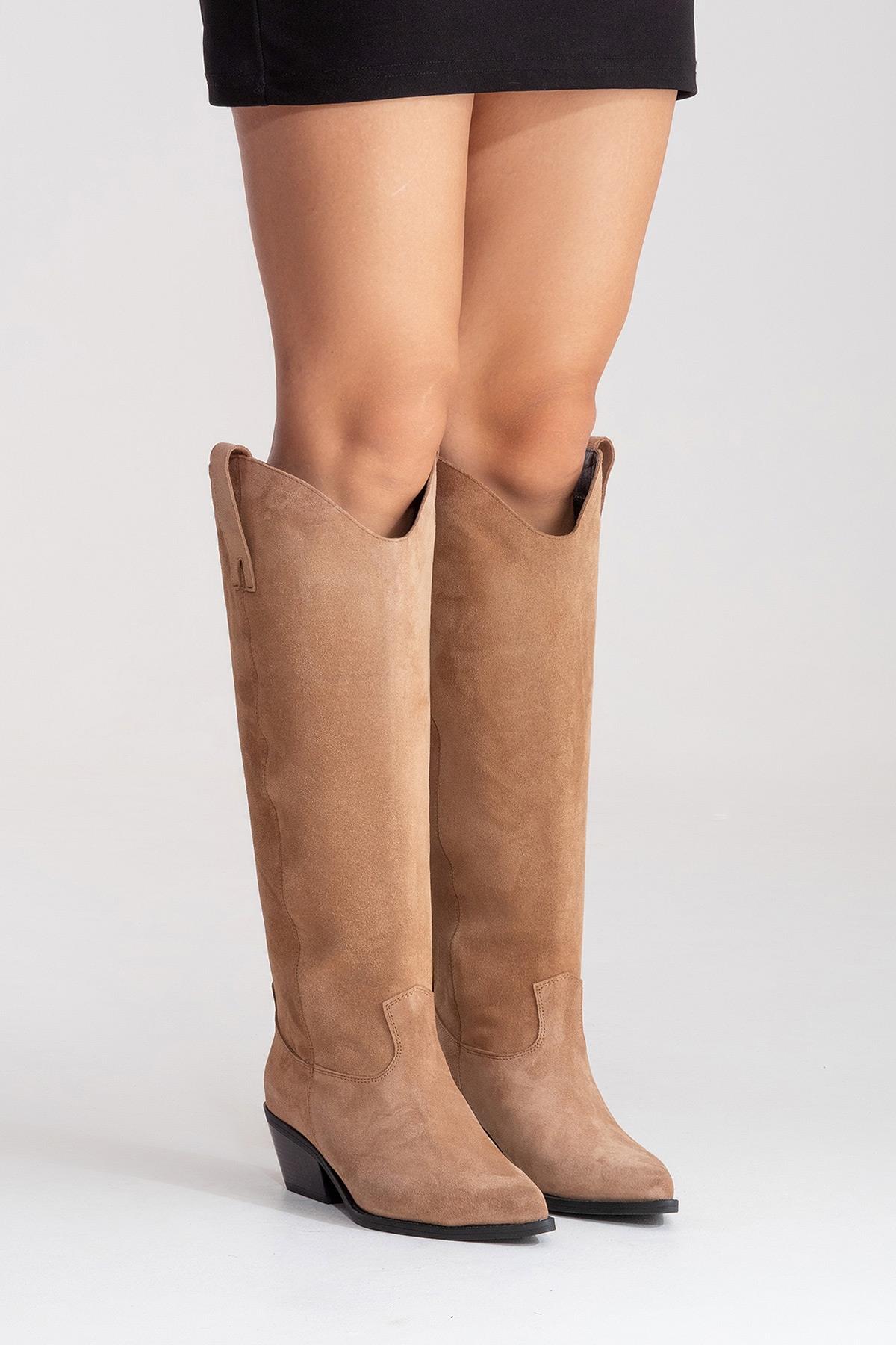 ANIA - Taupe Genuine Suede Leather Block Heel Knee-High Boot (Women)