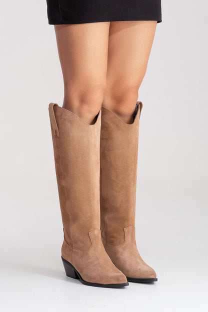 ANIA - Taupe Genuine Suede Leather Block Heel Knee-High Boot (Women)