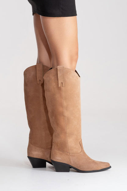 ANIA - Taupe Genuine Suede Leather Block Heel Knee-High Boot (Women)