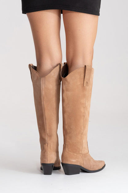 ANIA - Taupe Genuine Suede Leather Block Heel Knee-High Boot (Women)