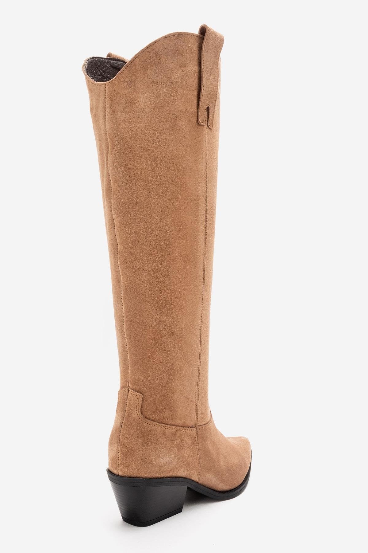 ANIA - Taupe Genuine Suede Leather Block Heel Knee-High Boot (Women)