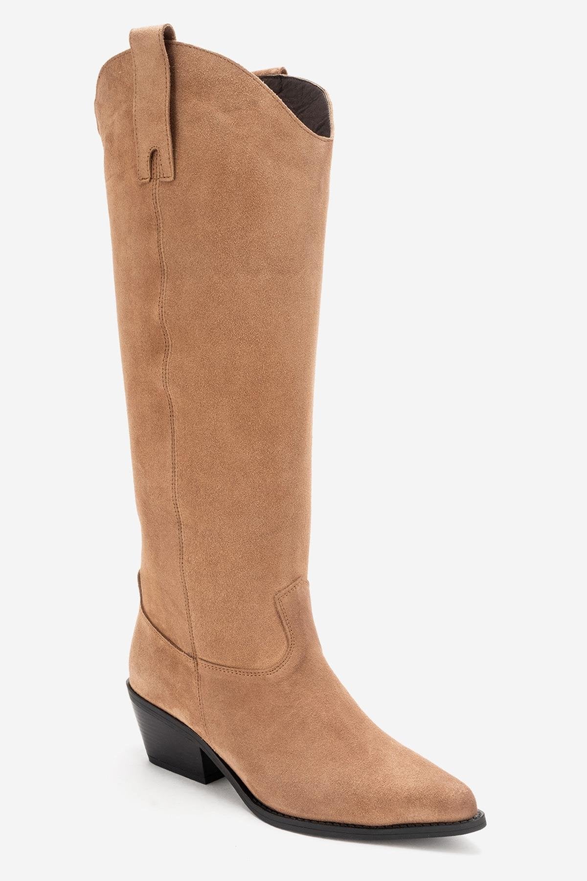 ANIA - Taupe Genuine Suede Leather Block Heel Knee-High Boot (Women)