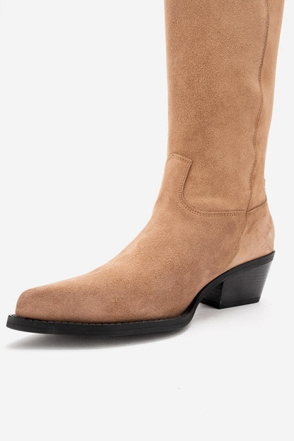ANIA - Taupe Genuine Suede Leather Block Heel Knee-High Boot (Women)